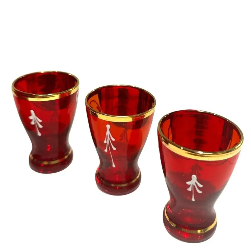 Bohemian Cranberry Glass Decanter Shot Glass Set Hand Painted Gold Floral Design